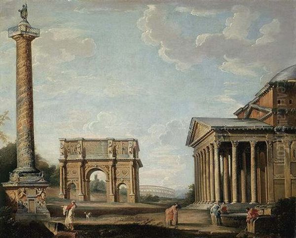A View Of The Pantheon, Arch Of Constantine, And Trajan's Column With The Coliseum In The Background - view 1