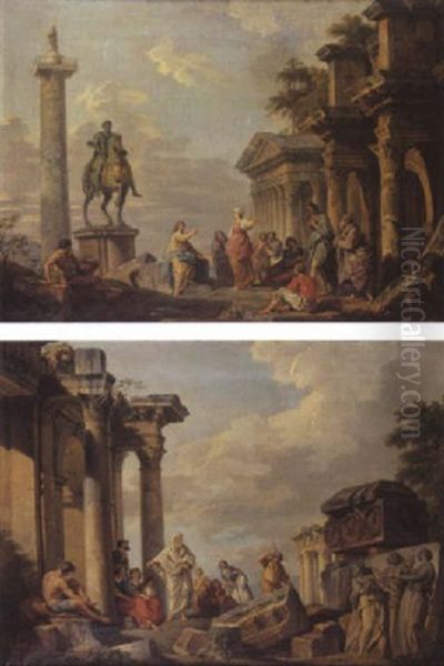 Caprice Architectural Avec La Statue De Marc Aurele, La Colonne Trajane, Le Fronton De La Basilique De Maxence Et Le Portique Du Forum De Nerva - view 1