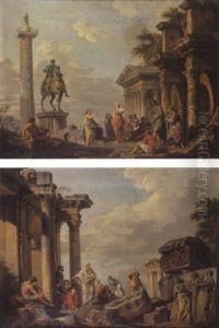 Caprice Architectural Avec La Statue De Marc Aurele, La Colonne Trajane, Le Fronton De La Basilique De Maxence Et Le Portique Du Forum De Nerva by Giovanni Paolo Panini
