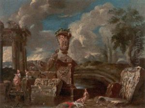 Antike Ruinenlandschaft. Figurenstaffage by Giovanni Paolo Panini