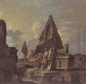 Figures By A Capriccio Of Classical Ruins, Including The Pyramid Of Caius Cestius by Giovanni Paolo Panini