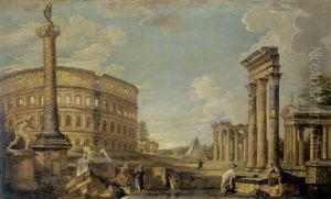 A Capriccio View Of Roman Ruins With Belisarius Begging For Alms, The Borghese Gladiator, The Dying Gaul, The Colosseum, Trajan's Column...