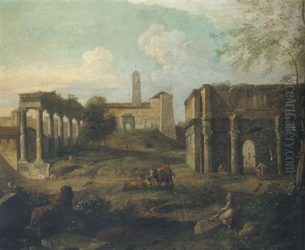 Rome, A Capriccio Of The Forum With Soldiers And Drovers Resting Among Classical Ruins - view 1