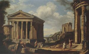 Capriccio Of Classical Ruins, With The Borghese Vase, The Maison Carree At Nimes, The Pont Du Gard Near Nimes, And The Temple Of The Sibyl At Tivoli by Giovanni Paolo Panini