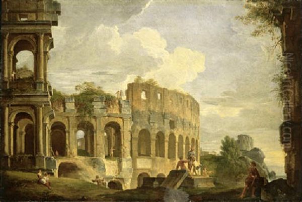 A Capriccio View Of The Colosseum With Rustic Figures In The Foreground, The Temple Of The Sybil At Tivoli Beyond - view 1
