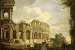 A Capriccio View Of The Colosseum With Rustic Figures In The Foreground, The Temple Of The Sybil At Tivoli Beyond by Giovanni Paolo Panini