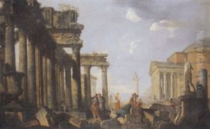 Capriccio Con Rovine Classiche, Il Vaso Medici, La Colonna Antonina, Il Pantheon E L'apollo Belvedere E Astanti Vari