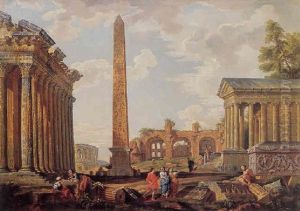 Architectural Capriccio With The Obelisk And The Basilica Di Massenzio by Giovanni Paolo Panini