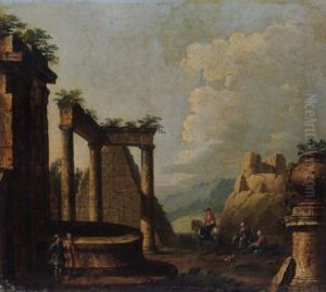 An Architectural Capriccio Of Ruins With Figures Conversing And Others Resting, A Lady On A Horse Nearby by Giovanni Paolo Panini