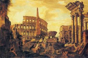 Veduta Ideata Del Colosseo E Delle Tre Colonne Del Tempio Dei Dioscuri by Giovanni Paolo Panini