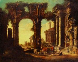 A Capriccio Of Classical Ruins With Drovers by Giovanni Paolo Panini
