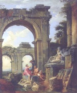 Classical Ruins With Three Figures Conversing Before A Statue Of A River God by Giovanni Paolo Panini