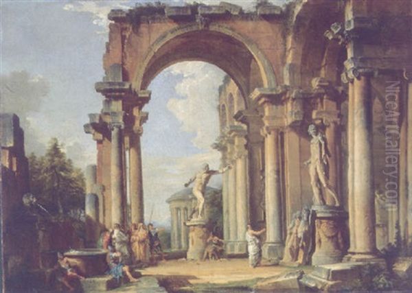 A Ruined Loggia With Figures Conversing By The Borghese Gladiator And The Apollo Belvedere, The Basilica Of Maxentius And The Temple Of Vesta Beyond - view 1
