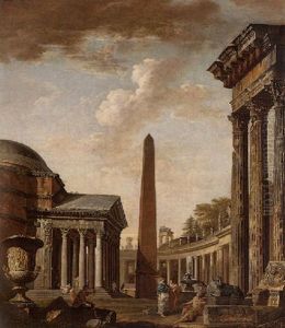 An Architectural Capriccio With The Pantheon, An Obelisk, The Borghese Urn, A Philosopher And Other Figures Conversing