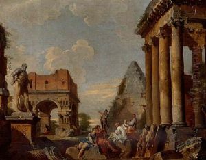 Soldiers And Other Figures Resting Among Antique Ruins, Beside An Ionic Portico And A Statue Of The Farnese Hercules
