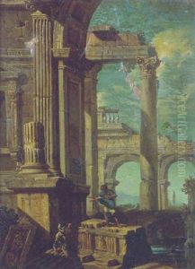 Vue De Ruines Antiques Avec Des Soldats Romains by Giovanni Paolo Panini