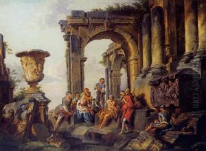 Ruines Romaines Avec Soldats En Discussion Avec Un Philosophe
