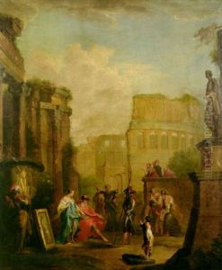 Classical Figures And Roman Soldiers In The Forum With The Coliseum Behind by Giovanni Paolo Panini