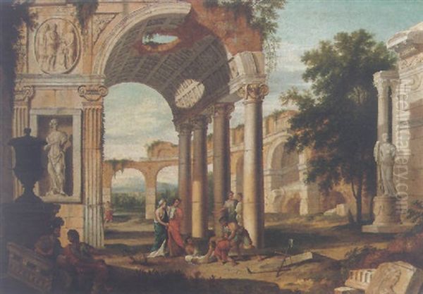 An Architectural Capriccio With Figures Among Antique Ruins - view 1