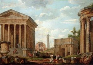 A Capriccio Of The Maison Caree At Nimes, The Arch Of Septimus Severus, Trajan's Column, Temples Of Minerva Medica And Vesta, And Philosophers by Giovanni Paolo Panini