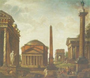 A Capriccio With The Pantheon, An Obelisk, Trajan's Column And The Temple Of Fortuna Virilis, Two Philosophers And Other Figures In Conversation In The Foreground by Giovanni Paolo Panini