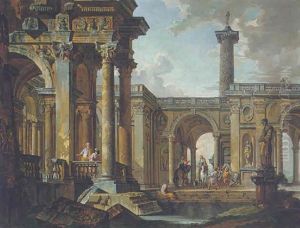 An Architectural Capriccio If Classical Ruins With Horsemen Beneath A Loggia, Trajan's Column Beyond