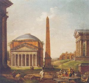 An Architectural Capriccio With The Pantheon, An Obelisk And Other Roman Ruins, Two Philosophers And Other Figures In Conversation In The Foreground by Giovanni Paolo Panini