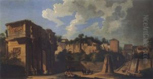 A View Of Rome With The East End Of The Palatine Hills, The Arch Of Constantine And The Arch Of Titus Beyond by Giovanni Paolo Panini