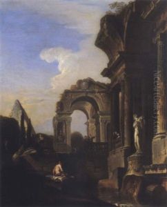 An Architectural Capriccio With Figures Among Ruins And Antique Statuary