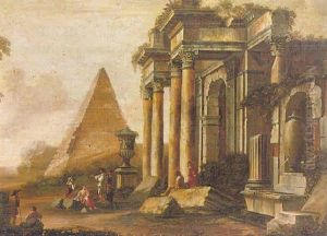 Figures Amongst An Architectural Capriccio With A Pyramid by Giovanni Paolo Panini