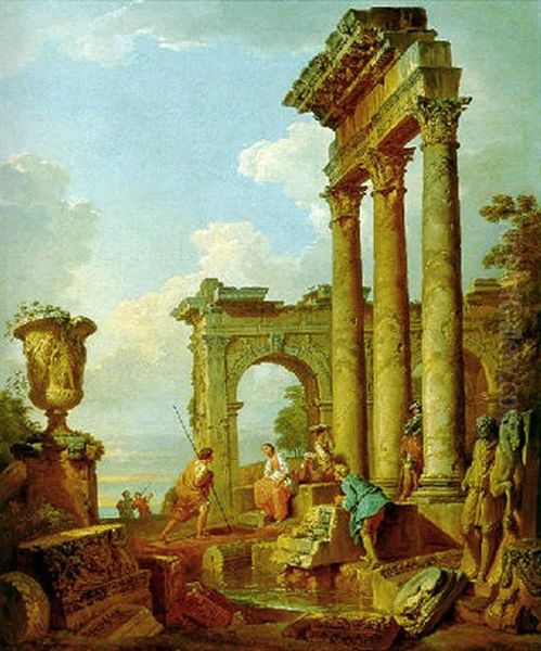 Capriccio Landscape With Figures Conversing By Roman Ruins - view 1
