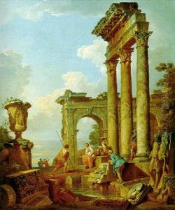 Capriccio Landscape With Figures Conversing By Roman Ruins by Giovanni Paolo Panini