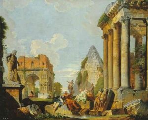 Personnages Parmi Les Ruines De Temples Antiques Avec L'hercule Farnese Et La Pyramide Cestia