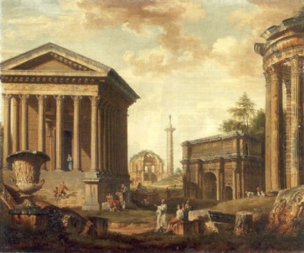 A Capriccio With La Maison Carree De Nimes, The Temple Of Minerva Medica, The Column Of Marcus Aurelius, The Arch Of Septimus Severus And The Temple Of Vesta - view 1