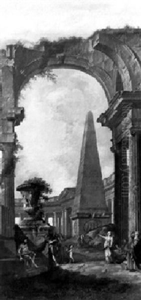 Classical Ruins With Figures Under An Arch, An Obelisk And Sculptured Urn In The Foreground - view 1