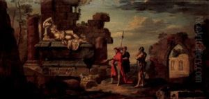 A Capriccio Roman View With Two Figures Looking At The Statue Of Cleopatra by Giovanni Paolo Panini