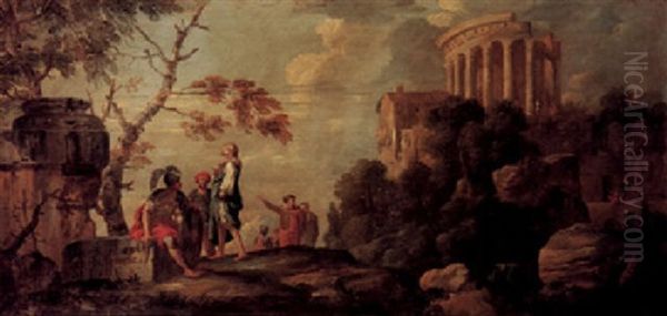 A Capriccio Of Roman Ruins With A View Of Sybil's Tomb At Tivoli With Soldiers And Other Figures - view 1
