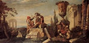 A Capriccio Of Roman Ruins With Figures Looking At The Medici Vase by Giovanni Paolo Panini