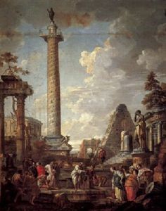 An Architectural Capriccio Of Roman Ruins, With Figures Gathered Around A Well Before Trajan's Column