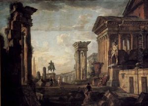 An Architectural Capriccio Of Roman Ruins With Soldiers And Other Figures Before An Equestrian Sculpture Of Marcus Aurelius