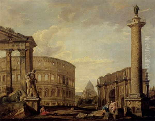An Architectural Capriccio With Ruins From Ancient Rome, The Colosseum, The Pyramid Of Cestis, Trajan's Column And The Farnese Hercules by Giovanni Paolo Panini