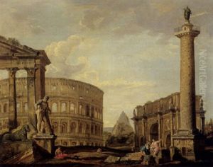 An Architectural Capriccio With Ruins From Ancient Rome, The Colosseum, The Pyramid Of Cestis, Trajan's Column And The Farnese Hercules
