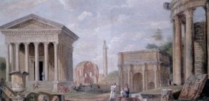 A Capriccio View Of Roman Ruins With The Maison Carree De Nimes, The Temple Of Minerva Medica And Trajan's Column by Giovanni Paolo Panini