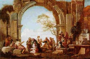An Architectural Capriccio With Figures Gathered Beneath An Arch by Giovanni Paolo Panini