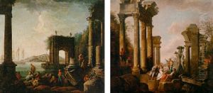 Mediterranean Port With Figures Resting Among Classical Ruins by Giovanni Paolo Panini