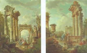 Capricci Of Roman Ruins With Figure by Giovanni Paolo Panini