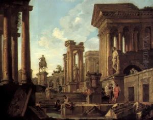 An Architectual Capriccio With Ruins, The Equestrian Statue Of Marcus Aurelius, And Figures By A Pool by Giovanni Paolo Panini