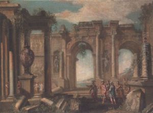 Soldiers Conversing Amongst Classical Ruins by Giovanni Paolo Panini
