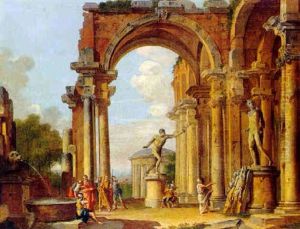 Capriccio Of Roman Ruins With The Statues Of The Borghese Gladiator And The Apollo Belvedere by Giovanni Paolo Panini