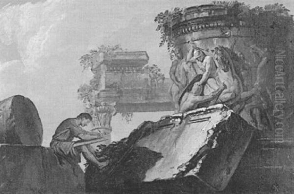 A Seated Artist, Clad In A Tunic, Drawing Ruins - view 1